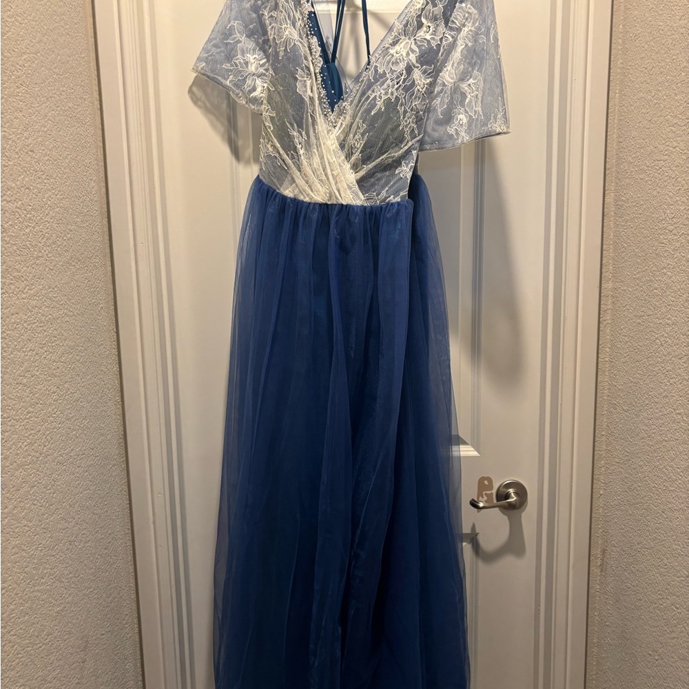 Elegant Blue and White Lace Custom Dress